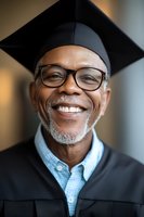 Mature African American male graduate in cap and gown smiling with confidence, showcasing lifelong learning and academic achievement in higher education.