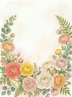 Watercolor floral frame with ranunculus flowers, eucalyptus leaves and ferns on soft pink background for wedding invitations and greeting cards.