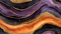 Cosmic abstract background with flowing gold, purple and orange marble waves. Luxury agate stone texture with glitter effect for modern wall art and home decor.