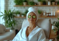 Young woman relaxing at spa with cucumber slices on eyes, wearing white bathrobe and towel turban, sitting in modern wellness center with plants.