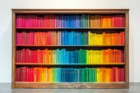 Colorful rainbow gradient bookshelf with books arranged by color from red to yellow, creating vibrant spectrum display against white wall. Perfect for education concepts.
