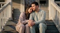 Young couple in love sitting together on wooden porch steps during golden hour sunset, embracing intimately in casual comfortable clothing for romance lifestyle.