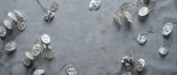 Eucalyptus branches with silver leaves scattered on gray linen fabric background for natural botanical decoration and spa wellness design projects.