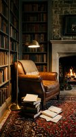 Cozy home library with leather armchair, floor lamp, fireplace and wall-to-wall bookshelves creating warm reading atmosphere for relaxation and study.