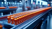 Automated pharmaceutical production line with amber glass vials moving on conveyor belt in modern sterile manufacturing facility for medicine packaging.