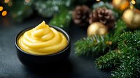 Creamy yellow mustard sauce in black ceramic bowl on dark stone background with Christmas decorations, pine branches and golden baubles. Holiday food concept.