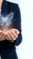 Businessman in dark suit holding glowing digital butterfly with sparkling light particles, symbolizing innovation, transformation, and creative business solutions for corporate concepts.