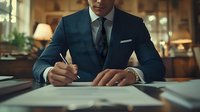 Businessman in navy suit signing contract documents at wooden desk in luxury office interior, cropped view focusing on hands and torso.
