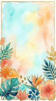 Watercolor floral frame with tropical flowers and foliage in soft pastels, featuring turquoise, coral, and gold tones on isolated white background for design projects.