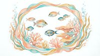 Underwater marine life scene with tropical fish swimming among coral reefs and seaweed in circular frame with bubbles for ocean themed designs.