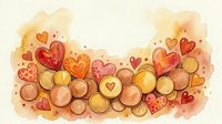 Watercolor hearts and gold coins in warm orange and red tones, romantic financial concept art for Valentine greeting cards and love savings.