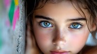 Young woman with striking blue eyes and natural freckles in soft lighting close-up portrait against blurred colorful background, expressing innocence and natural beauty.