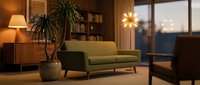 Modern living room with olive green sofa, potted plant, wooden side table with lamp, and large windows overlooking evening cityscape. Interior design and home decor.