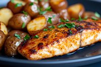 Grilled salmon fillet with honey glaze served with roasted baby potatoes and fresh herbs on black plate, close up view showing moist, flaky texture and caramelized surface.