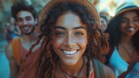 Young African American woman with dreadlocks and beanie hat smiling joyfully at outdoor music festival with diverse crowd of happy people in background.