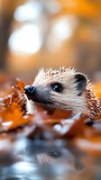 Cute hedgehog with spiky quills exploring autumn leaves near water, ideal for wildlife and nature-themed designs, greeting cards, and children's content projects.
