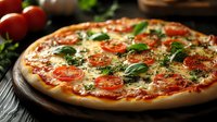 Fresh Margherita pizza with melted mozzarella, sliced tomatoes, and basil leaves on rustic wooden surface, dramatic side lighting creates appetizing shadows.