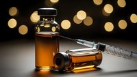 Medical vials with amber liquid and syringe on dark background with golden bokeh lights for healthcare and pharmaceutical concepts.