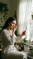 Woman with long dark hair and South Asian appearance applying skincare product to face near window with plants and natural light for beauty routine and wellness.