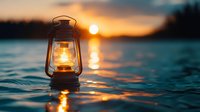 Glowing vintage oil lamp floating on water surface at sunset with golden sun reflection and forest silhouette in background, atmospheric outdoor scene.