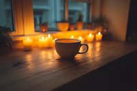 Steaming coffee cup on wooden windowsill with glowing candles creating cozy atmosphere during evening hours, warm ambient lighting sets relaxing mood.