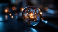 Glowing light bulbs reflected in magnifying glass creating surreal multiplied effect against dark background with bokeh lights, creative photography concept.