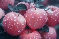 Fresh red apples covered in pure water droplets against dark leaves, macro photography with soft focus creating dreamy natural atmosphere.