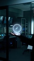 Hand holding glowing neon clock in modern server room with digital displays. Concept for time management, technology, business efficiency, and data center operations.