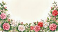 Watercolor floral frame with pink, red, and white camellia flowers and green leaves on a light background, perfect for cards and invitations.