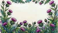 Watercolor thistle floral frame with purple blooms and green leaves on cream background, copy space for text, greeting card or invitation design.