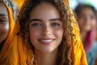 Young woman with curly brown hair and radiant smile wearing yellow hijab headscarf, close up portrait with warm lighting and soft bokeh background.