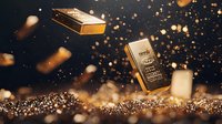 Gold bars floating in dark space with glittering golden particles and bokeh effect creating luxury financial concept for wealth management and investment.