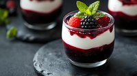 Layered berry dessert with fresh blackberries and raspberries topped with mint in glass, creamy white layer and dark berry compote for gourmet dining.