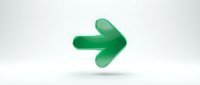 Green glossy arrow pointing right on white background with soft shadow, isolated design element for web interfaces and navigation graphics.