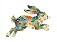 Decorative rabbit with ornate floral patterns in gold, blue, and red tones, isolated on transparent background. Ready for t-shirts, stickers, clipart, and print-on-demand designs.