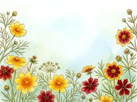 Watercolor wildflower border frame with yellow and red cosmos flowers, green stems and buds on white background for greeting cards and invitations.
