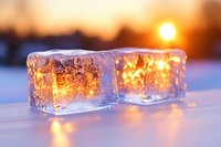 Glowing ice cubes on snow at sunset capture magical winter light with golden sun rays filtering through frozen crystal blocks creating ethereal atmospheric scene.