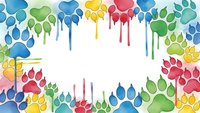 Colorful dripping paw prints frame border with rainbow paint drops creating playful pet-themed design for animal lover projects and veterinary materials.