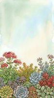 Watercolor succulent garden border with soft pastel background for botanical designs, wedding invitations, greeting cards and nature-themed projects.