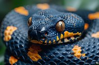 Macro shot of exotic snake head with striking orange and blue scales, detailed texture of reptile skin and piercing amber eye in natural environment.