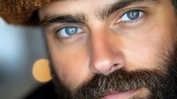 Close up portrait of young bearded mixed race man with blue eyes and curly hair looking at camera with gentle smile against blurred background.
