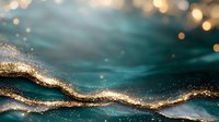 Abstract turquoise waves with golden glitter sparkles flowing in magical ethereal pattern against dark background, creating luxurious fluid art effect.