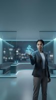Female lawyer or legal professional of South Asian descent holding holographic gavel in modern futuristic office environment. Represents law, justice, digital transformation, and corporate legal services for business and technology sectors.