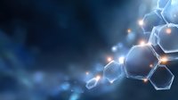 Glowing hexagonal molecular structure with light connections on dark blue background, scientific concept for chemistry, biology and technology research.