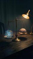 Balance scale weighing human brain against digital circuit board under warm desk lamp light representing artificial intelligence versus human intelligence concept.