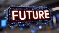 Glowing red neon future sign with circuit board pattern border against blurred blue background, modern technology concept for business innovation.