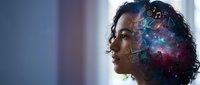 African American woman with cosmic galaxy overlay on brain showing artificial intelligence and neural networks in futuristic technology concept.