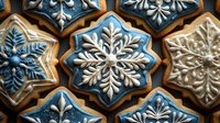 Decorated winter snowflake sugar cookies with royal icing in blue and white. Detailed piping creates intricate frost patterns on star-shaped holiday treats.