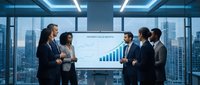 Corporate team of diverse professionals analyzing financial growth chart in modern office with city skyline view, suitable for business presentations and marketing materials.