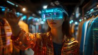 Young Asian woman in futuristic virtual reality headset touching holographic interface against neon city lights background, cyberpunk style atmosphere.